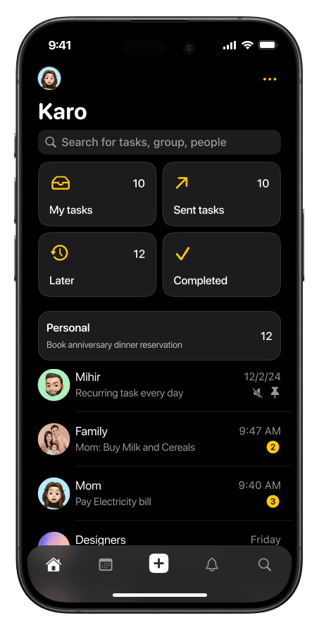 Karo on iPhone, showing my tasks, sent tasks and chats