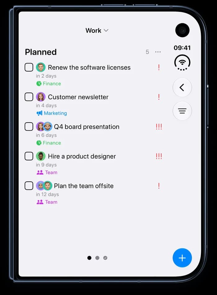 Tasks on a folded iPhone Duo, showing the Planned list of the Work project