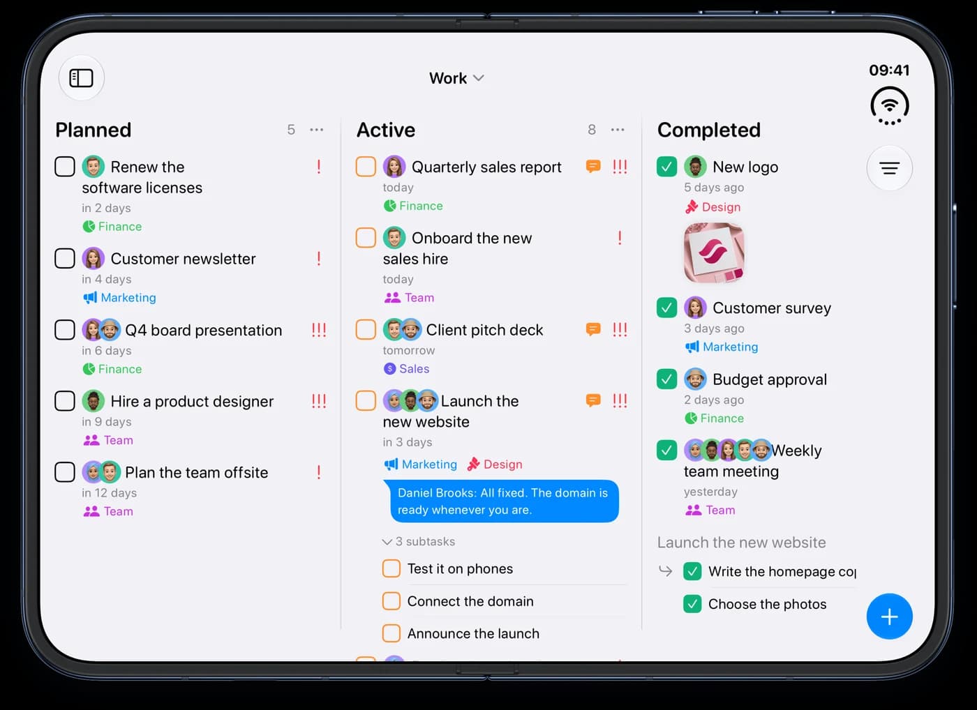 Tasks on an open iPhone Duo, showing the Work project as a board with Planned, Active and Completed columns