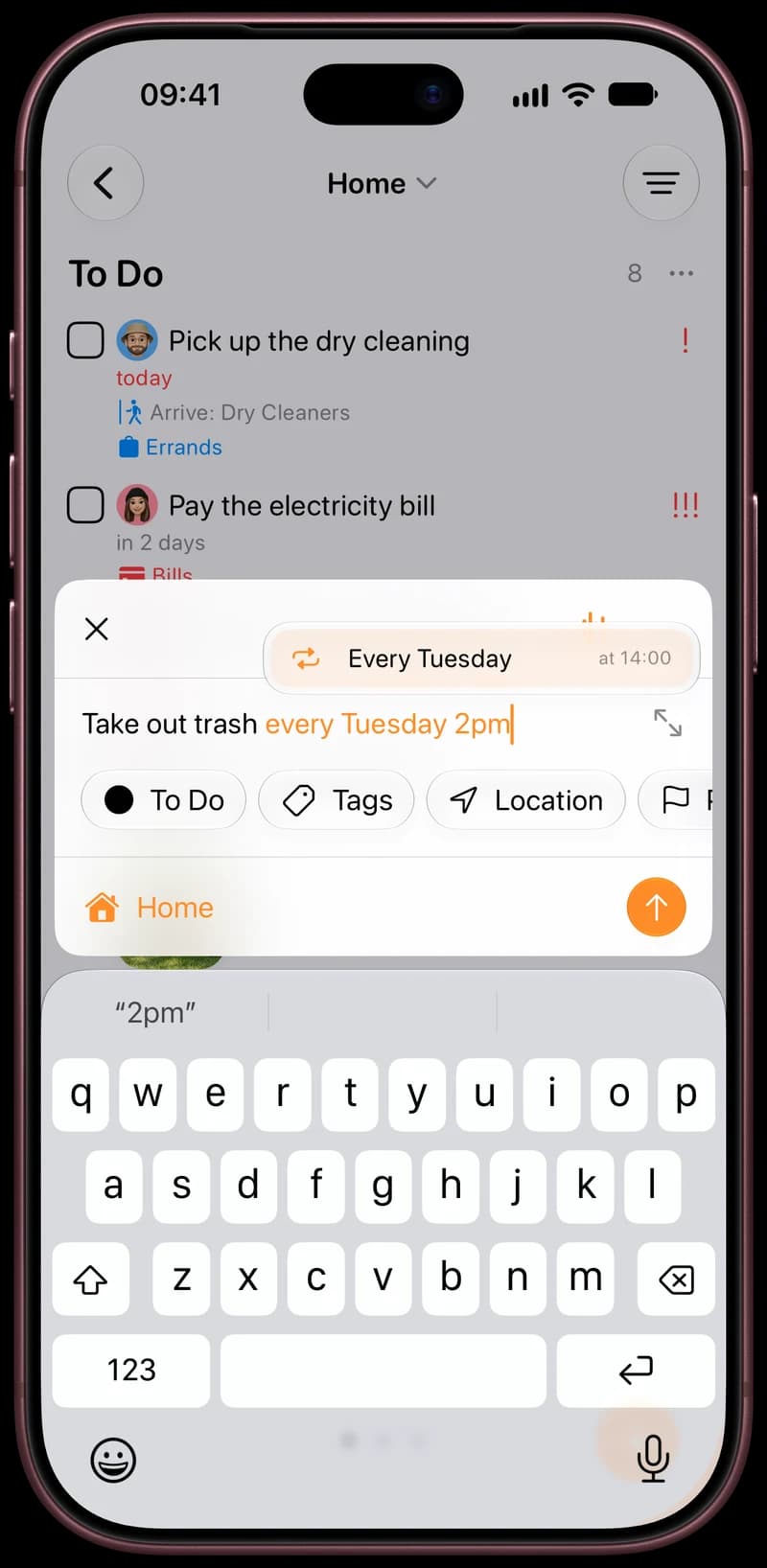 Tasks on iPhone, turning “Take out trash every Tuesday 2pm” into a repeating task