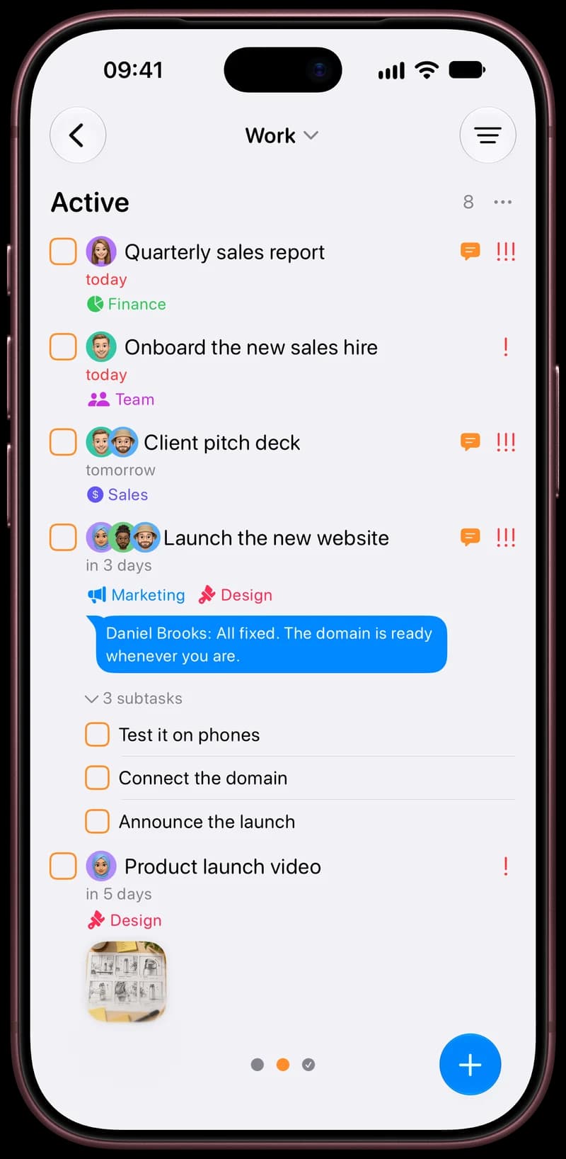Tasks on iPhone, showing the Active column of the Work project with comments and subtasks