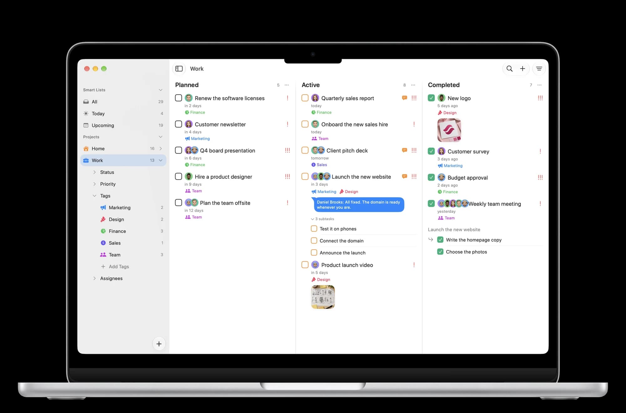 Tasks on a MacBook Air, showing the Work project as a Kanban board with Planned, Active and Completed columns